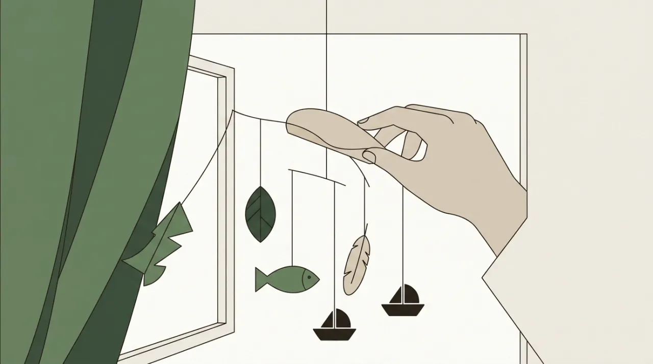 창가 모빌의 한 조각을 돌리자 커튼 뒤에 숨어 있던 조각까지 실을 따라 함께 흔들리는 모습