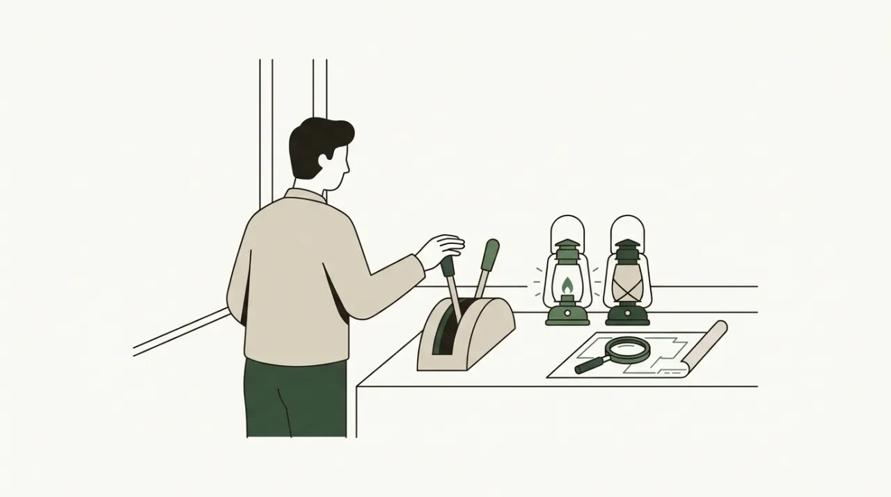 두 갈래 레버 앞에서 손을 멈춘 사람과 책상 위 나란히 놓인 두 등불, 돋보기