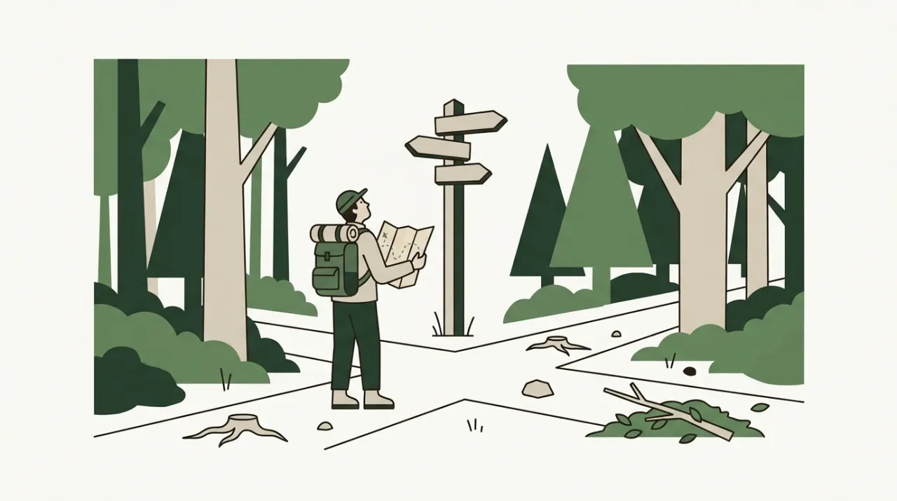 옛 지도를 든 채 방향이 바뀐 갈림길 표지판 앞에 선 등산객