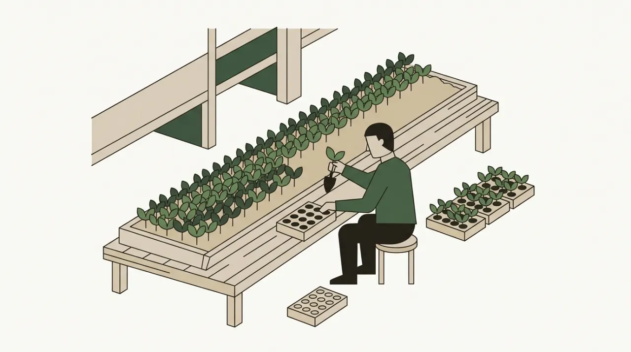 긴 모종 줄에서 여섯 칸짜리 트레이로 모종을 옮겨 담는 온실 작업대