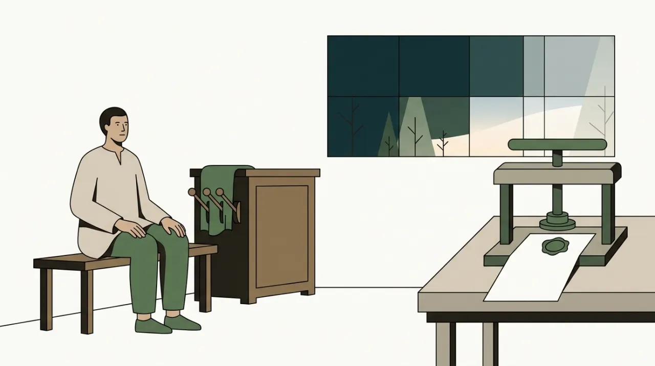 천을 덮은 레버 상자 옆 벤치에서 아침까지 기다리는 사람과 봉인을 찍는 압인기