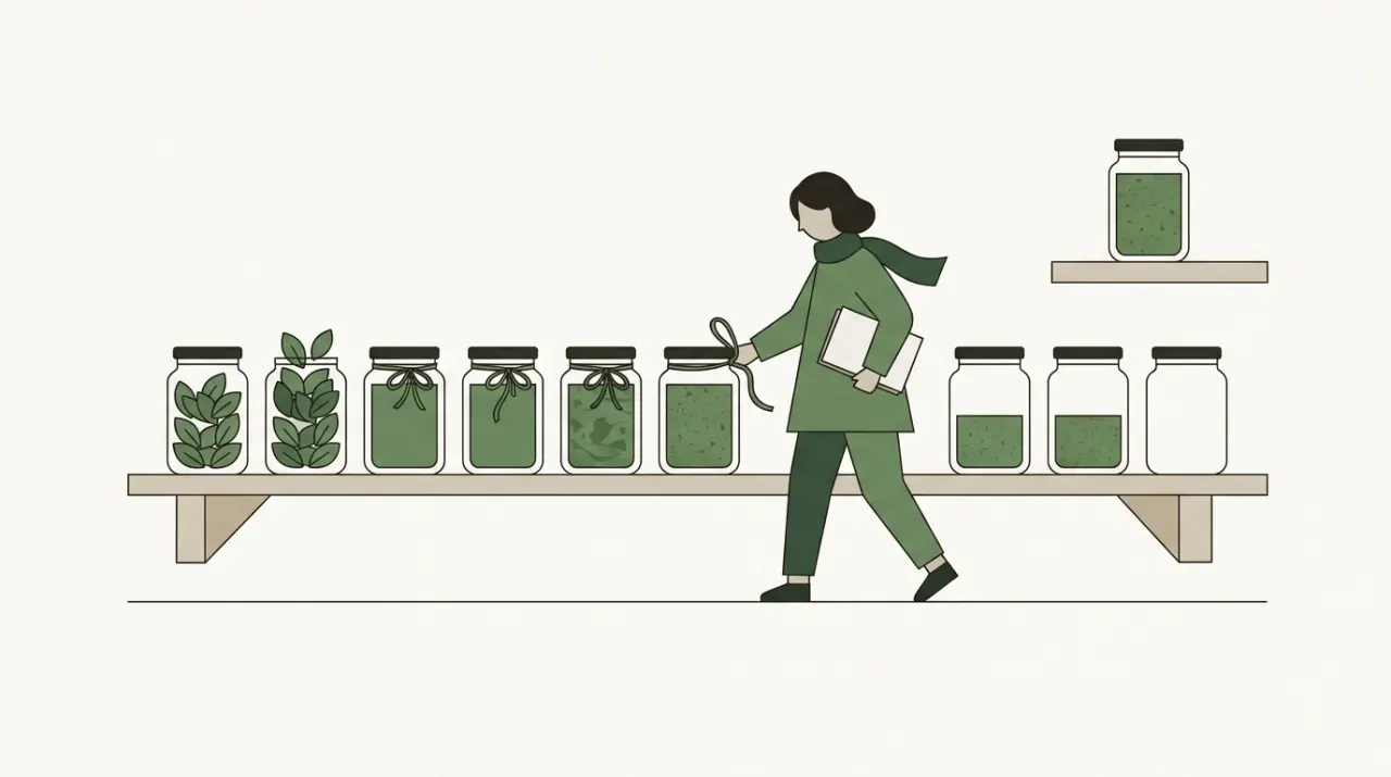 선반 위 유리병 줄을 따라 가득 찬 병, 반쯤 찬 병, 빈 병에 리본을 다는 사람